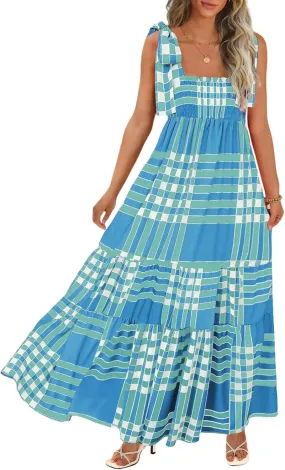 Women's Summer Maxi Dress Boho Spaghetti Straps Casual Long A-line Smocked Beach Dress Square Neck Flowy Sun Dress