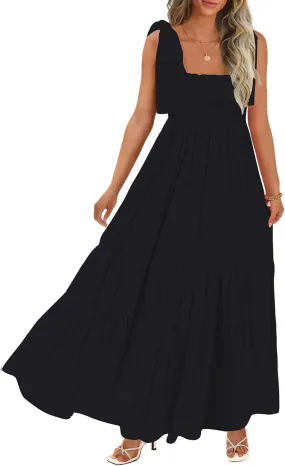 Women's Summer Maxi Dress Boho Spaghetti Straps Casual Long A-line Smocked Beach Dress Square Neck Flowy Sun Dress