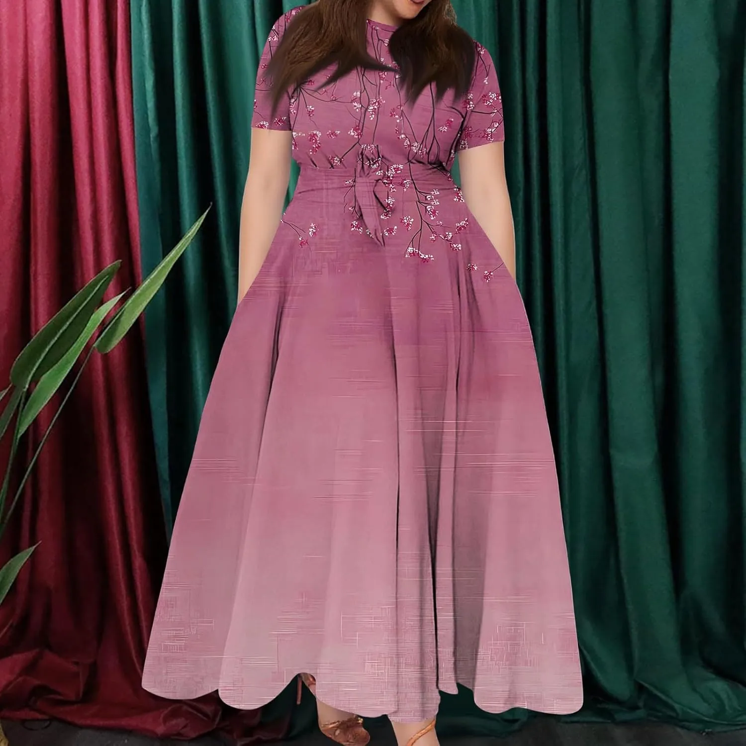 ZEFOTIM Maxi Dress for Women Plus Size Elegant Floral Dress Short Sleeve Crew Neck Dresses