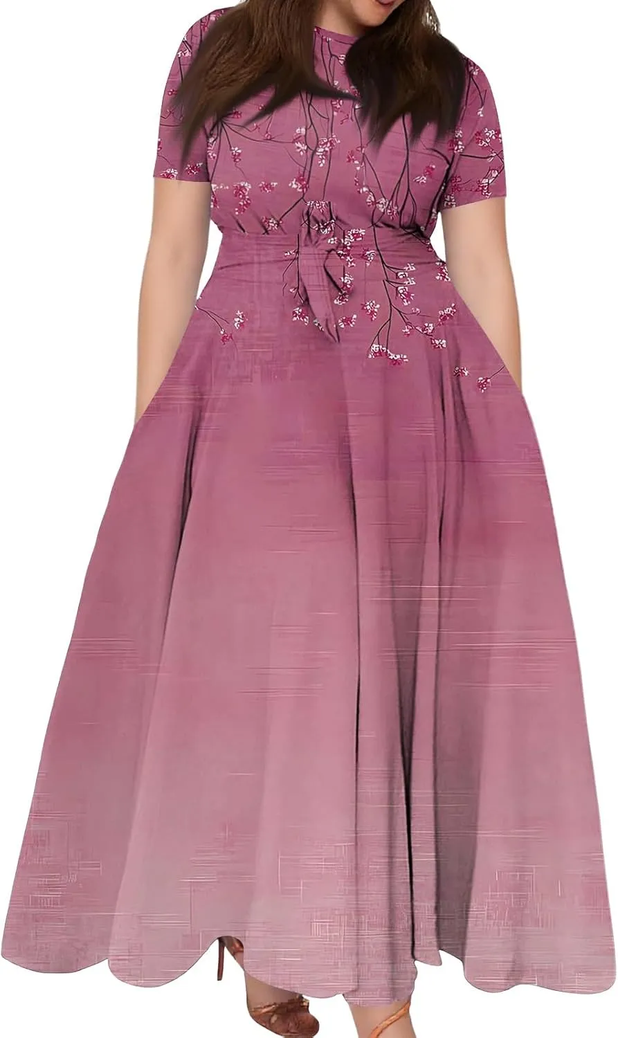 ZEFOTIM Maxi Dress for Women Plus Size Elegant Floral Dress Short Sleeve Crew Neck Dresses